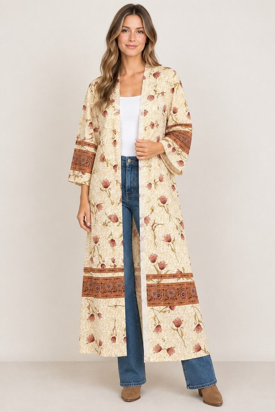 Billabong Boho Floral Print Open Front Long Kimono Duster Cardigan Coverup S/M